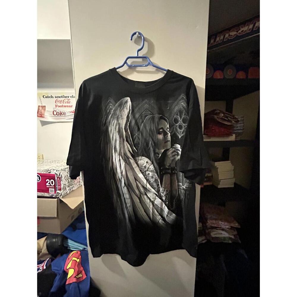 Black Fantasy Angel Wings and Cross Graphic T-Shirt Spiral Mens XXL